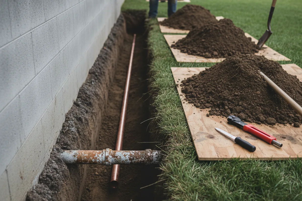 Excavated water line trench during Water Softener Installation in Buffalo Valley